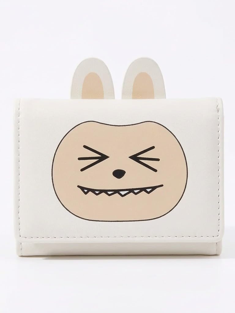 Women's Cute Bunny Ear Monster Face Trifold Wallet | PU Leather Card Holder with Winking Cartoon Design | Snap Button Closure Mini Purse | 6 Card Slots, ID Window & Coin Pocket. (Cream)-image-13