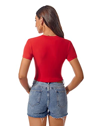 Red Crop Top Cotton Scoop Neck Short Sleeve Plus Size Tops Girls,L #TOP5