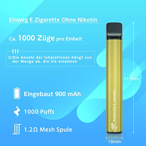 MECIGA Einweg E Zigarette ohne Nikotin, Vape Stick 1000 Züge, 3 Stücke 900 mAh Einweg Shisha mit Fruchtgeschmack, Einweg… – Bild 6