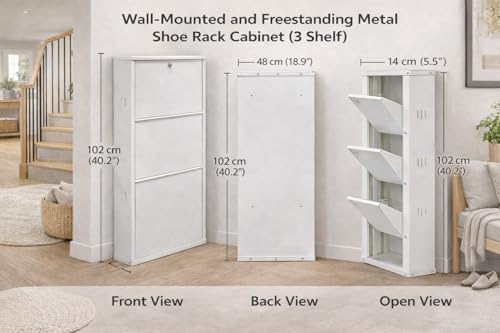 Image of Shoe Rack, Wall Mounted and Freestanding Metal, Multiple Shelf Options, White and Black (White, 3)