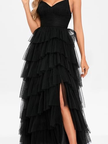 Ball-Gown/Princess Elegant V-Neck Sweep Train Sleeveless Tulle Prom Dresses Evening Dress with Leg Slit 20244