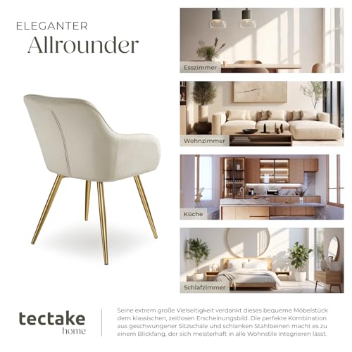 tectake® Esszimmerstuhl, Sessel bequem mit Armlehne, Polsterstuhl, Samtstoff Cocktailsessel, Loungesessel für Wohnzimmer, Esszimmer, Moderne Küchenstühle, Bürostuhl créme/Gold