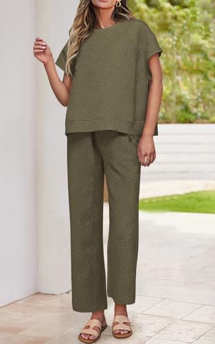 Image of PRETTYGARDEN 2 Piece Outfits For Women Casual Tracksuit Short Sleeve Tops And Wide Leg Long Pants Matching Lounge Sets