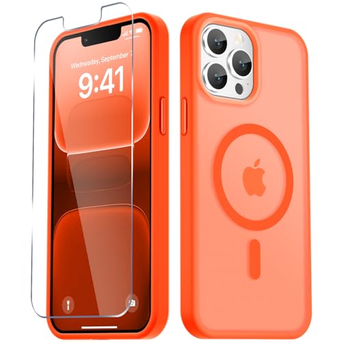 Image of YENAPOON for iPhone 13 Pro Max Case, Matte Magnetic Phone Cover [with 1 Screen Protector] [Support for MagSafe] [Shockproof Military Grade Protection] Translucent Frosted Back, Orange
