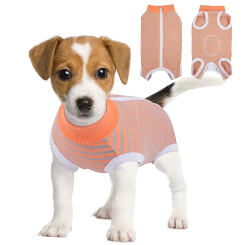 Image of BRKURLEG Small Dog Recovery Suit After Surgery, Abdominal Wound Protection, Back Zipper Spay Recovery Suit for Dogs & Cats, Soft Anti-Licking Puppy Onesie, Cone Alternative, Orange Grey Stripes L