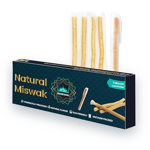 4 Pcs Miswak Sticks with Holder - Vacuum Sealed Natural Chewing Miswak Sticks for Teeth - Natural Flavored Toothbrush for Teeth Whitening, Oral Health, and Fresh Breath || Pack of 4