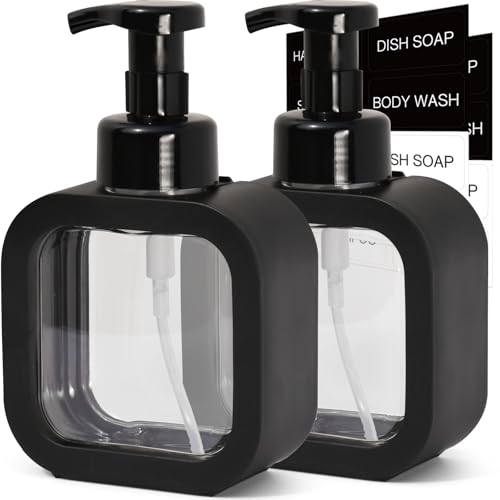 Image of Foaming Soap Dispenser, 2 Pack 300ml (10oz) Plastic Refillable Foaming Hand Soap Dispenser with 16 Pcs Waterproof Labels, Foam Pump Bottle for Bathroom and Kitchen (Black)