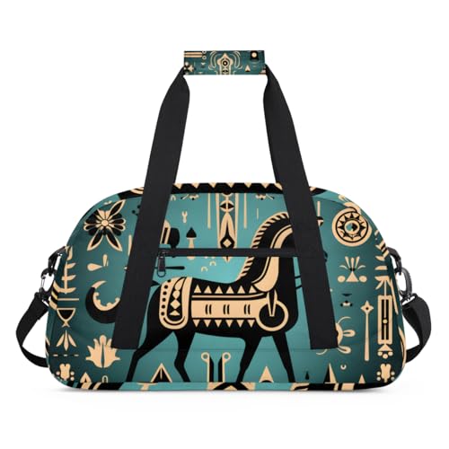 Ancient Egyptian Style Horse Gym Travel Duffle Bag for Boys - Gymnastics Sports Dance Bag with Front Zipper Pocket for School Practice or Overnight Travel Weekender Sleepover Tote Bag Horse Print2
