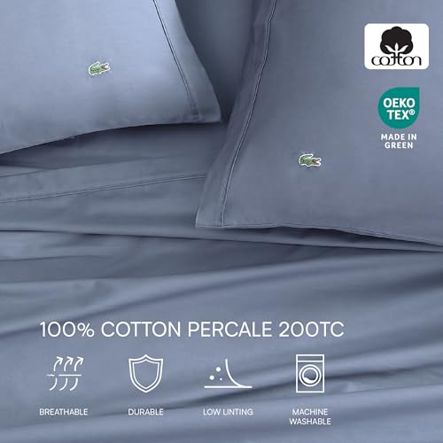 Lacoste 100% Cotton Percale 4-Piece Sheet Set – Crisp Cool Breathable All-Season Bedding, Oeko-Tex Certified, Soft Matte Finish, Durable Premium Cotton – Solid, Vintage Indigo, Queen by Lacoste - Image 4