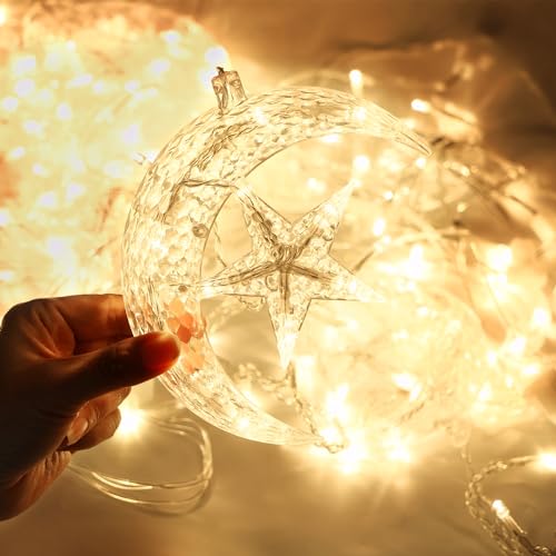 Illuminew Solar Moon And Star String Lights For Outside, 138 Led Curtain Decorations Outdoor Twinkle Lights, 8 Lighting Modes Curtain Hanging Lights For Ramadan thumb #3