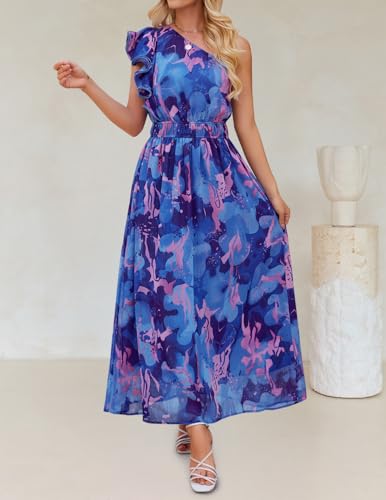 Image of ZESICA Women's 2026 Summer Floral Sleeveless Maxi Dress | One Shoulder, Sleeveless, Ruffle, High Waist, Beach Wedding Guest, Vacation, Graduation, Bridal Shower, Boho Long Dresses