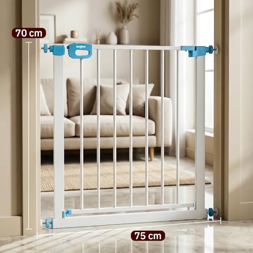 Image of Baybee Baby Safety Gate for Door & Stairs 75-85 cm | No Drill Auto-Close Safety Gate for Kids & Pets | 180 Wide Opening Door Safety Gate | Adjustable Baby & Dog Gate Barrier for Home (White & Blue)