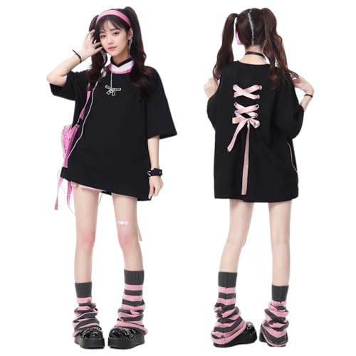 Neglance Y2K Kawaii Oversized Gyaru T-Shirt Girls Harajuku Aesthetic Tees Women Cute Pink Shirts Plus Size Cosplay Party (Black,XX-Large)