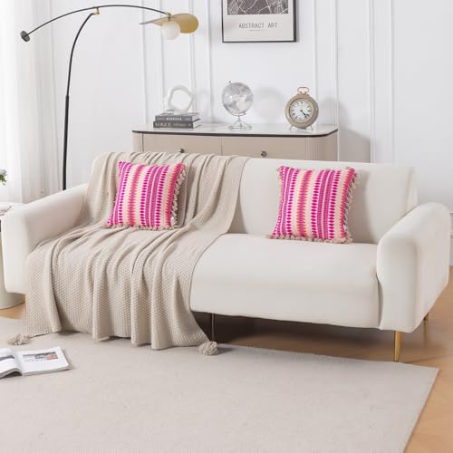 Image of HOKIPO 'Artisan Boho Series' 450 GSM Cushion Cover with Tassels | Cotton Acrylic Jacquard | 16x16 Inch (40x40 cm) | Pack of 2, Fucshia Pink (IN-905-A5*2)