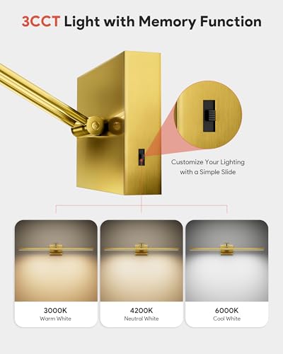 Image of VONLUCE 30 inch LED Bathroom Vanity Light, 3CCT Modern LED Vanity Lights with 360 Rotatable Head Swing Arm, 11.4W Bathroom Light Fixture Over Mirror, LED Lights for Bathroom Bedroom, Brushed Gold | 3CCT, Flicker-free, 360 Rotatable Head & Swing Arm, IP44 waterproof Bathroom Light Fixture Over Mirror for Bathroom, Picture
