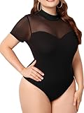 Milumia Women's Plus Size Cut Out Sheer Mesh Bodysuit Short Sleeve Mock Neck Fitted Going Out Top Black