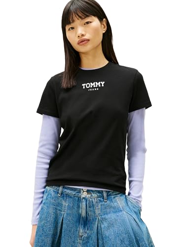 Tommy Jeans Camiseta feminina de algodĂŁo essencial de manga curta com logotipo impresso, Preto, PP