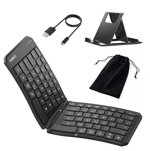 Inateck Faltbare Tastatur Ergonomische, Funktastatur Dual-Fold Magnetic QWERTZ,mit 3 BT,Mit Rückenclip zur Verwendung am Bein, mit Tasche/Ständer,für iPad iPhone Mac Android Windows,Nomad Ergo N0131