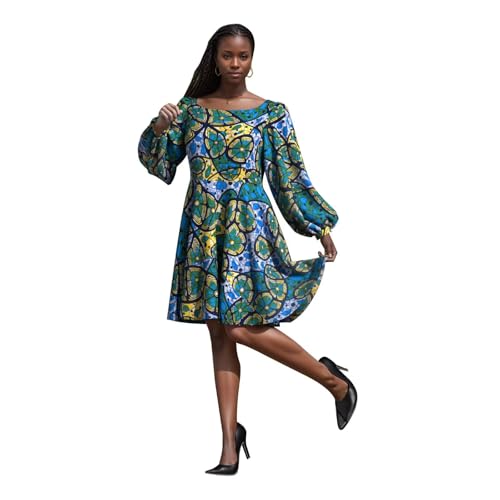 XUHOGU Robe en Wax Africain Femme à Col Carré, Manches Ballon et Silhouette A