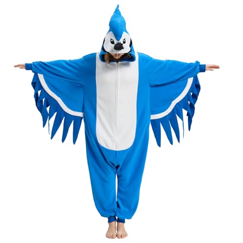 ZUUKTHO Adult Blue Jay Onesie Pajamas Halloween Animal Bird Costume One-Piece Cartoon Bluebird Cosplay Jumpsuit Women Men