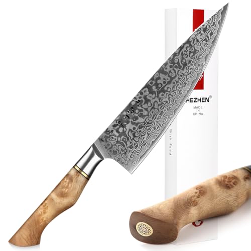 HEZHEN Couteau de Chef Damas, Couteau de Cuisine en 67 Couches Acier Damas,Style Japonais Couteau Gyuto, Manche en Bois