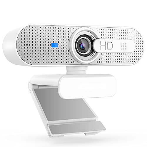 ASHU Webcam USB 1080P para ordenador con enfoque automático, privacidad y micrófono dual para Skype, videollamadas, conferencias, grabación, streaming, blanco y plateado Cover