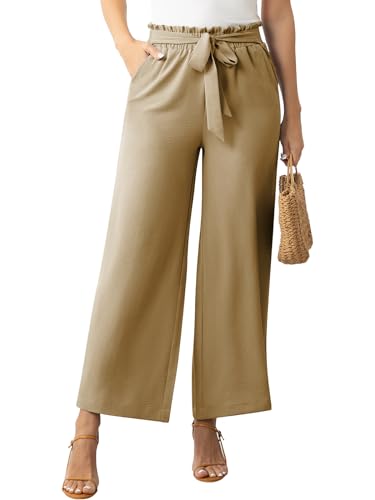 Yawburk Women's Wide Leg Lounge Pants 2025 Spring High Waisted Work Casual Adjustable Tie Knot Loose Trousers with Pockets Apricot