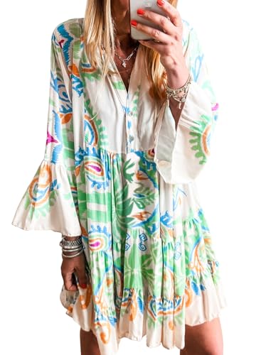 Image of miduo Womens Summer Dress Casual V Neck Buttoned 3 /4 Sleeve Bohemian Tribal Print Flowy Mini Dresses