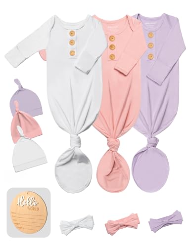 Image of 3 PK Baby Knotted Gowns Set with Mittens, Hats, Headbands & Wooden Name Tag for Breathable Newborns Going Home Outfit