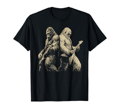 Vintage Bigfoot Playing Guitar with Yeti Rock Music Men T-Shirt