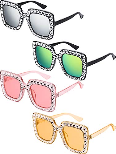 Frienda 4 Pcs Retro Disco Sunglasses Women Rhinestone Bling Glasses Girl Oversize Glitter Sunglasses 70s Disco Accessories(Pink Clear Pink Clear Tawny White)