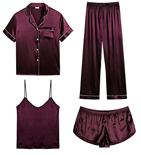 Image of SWOMOG Womens Silk Satin Pajamas Sets 4pcs Sleepwear Sexy Cami Shorts Set and Button Down Short Sleeve Pjs Loungewear