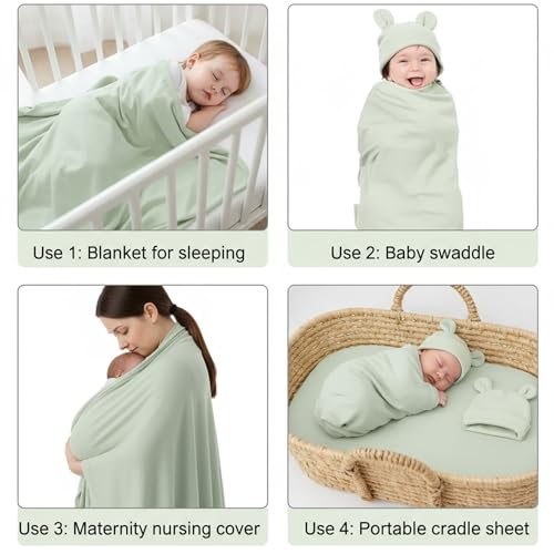 Image of Ramede 6 Set Baby Swaddle Blanket and Hat, 100% Cotton Newborn Receiving Blanket Wrap with Headband, 31.5 inch Soft, Breathable for Girl Boy Nursery Sleep Cradle Sheet Breastfeed Cover(Simple,Multicolor)