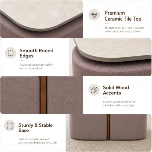 Image of The Attic Norwood Coffee Table, Coffee Table for Living Room, Coffee Table with 4 stools Solid Wood Centre Table with Ceramic Top, Tobacco Brown Finish