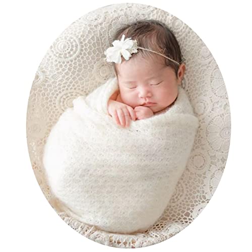 Image of Honra 2Pcs Props for Newborn Photoshoot Mohair Wrap Headband Baby Photo Posing Photography Knit Textured Stretchy (Wrap only, Beige)