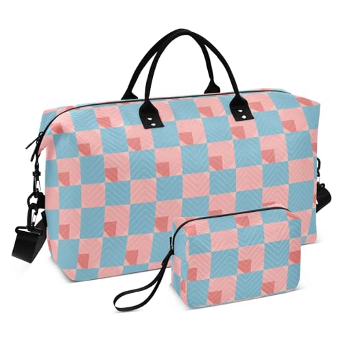Light Blue and Blush Checkered Pattern Decorative Travel Weekender Gear Bag Gym Bag with Toiletry Bag for Workout Foldable bolsos para viajar