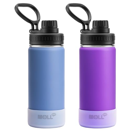 Mollcity Kids Water Bottle 2 Pack-16 oz Stainless Steel Double Wall Vacuum Insulated Wide Mouth Sports Water Bottle Flask with Leakproof Spout Lid (Royal Blue-Purple)