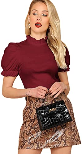 Image of Shasmi Women's & Girl's Polyester Pleated High Neck Short Puff Sleeve Ruched Bust Solid Regular Fit Top