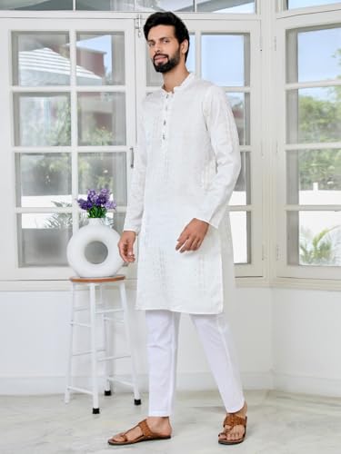 Image of See Designs Men's Full Sleeve Mandarin Collar Floral Embroidered Mandarin Collar Thread Work Straight Long Kurta - Festive Collection