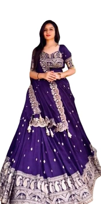 Purple Embroidered Lehenga Choli with Dupatta, Paisley Border, Gold Zari Work-image-3