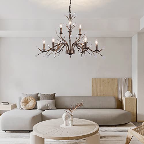 Jaycomey Vintage Farmhouse Chandelier With Crystal Branch, 9-Light Rustic Pendant Light Fixtures Bronze French Country Chandeliers For Dining Room Living Room Kitchen Bedroom Restaurant #TOP2