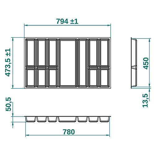 Orga-Box Besteckeinsatz silbergrau für 90er Schublade z.B. Nobilia ab August 2012 (473,5 x 794 mm) Besteckkasten III