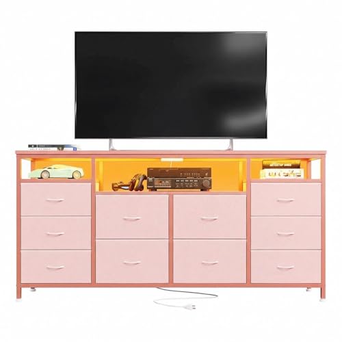 IDEALHOUSE 63.3 Long 10-Drawer Dresser with LED Lights & Power Outlets Multi-Functional TV Stand for 65-75 Inch TVs for Bedroom Living Room Entryway Pink