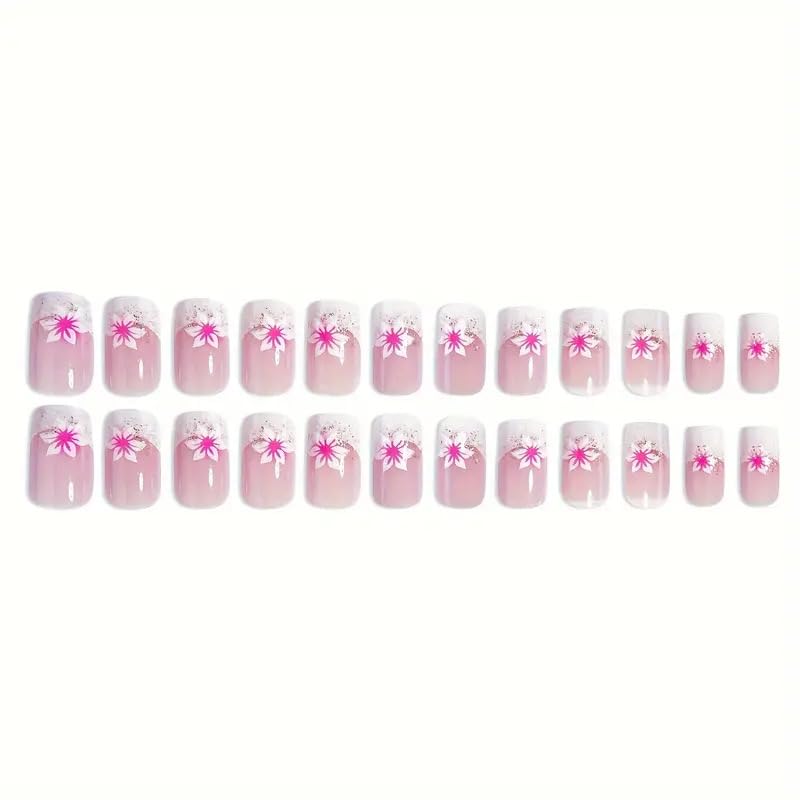 Pink Press on Nails - Floral Coffin French Acrylic Nails