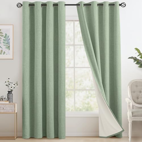 Image of COSVIYA Sage Green Linen Curtains 100% Blackout Grommet Drapes 90 Inches | Light Blocking Full Room Darkening Thermal Insulated Curtains for Living Room /Bedroom with Liner, 2 Panels, 52x90 inches