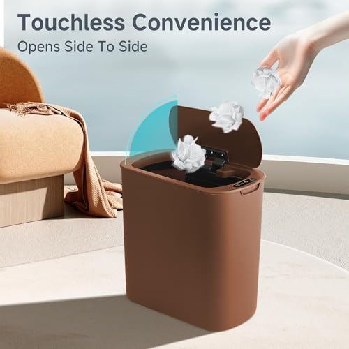Image of TIPGO 5 Gallon Motion Senor Bathroom Trash Can with Lid, Automatic Garbage Can Touchless, Smart Plastic Waste Basket for Narrow Spaces, Bathroom, Office, Bedroom, Living Room (Brown)