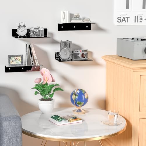 Image of 12 Inches Black Wall Shelves Set of 4, Acrylic Floating Shelf for Wall, Wall Mounted Display Shelf for Bedroom, Living Room, Funko Pop Shelves, Smart Speaker, 4 Pack