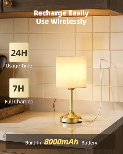 Image of Wireless Lamp, 2-Pack, 8000mAh, Dimmable, Ambient Light, 2700K, Touch Control, Portable, Small, LED, Rechargeable Table, Rechargeable, Cordless, Desk Lamp, Kitchen Lamp, Fabric Shade, for Dining Room