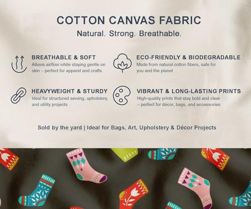 Image of Soimoi Gray Cotton Canvas Fabric Socks & Gloves Folk Art Print Fabric by the Meter 42 Inch Wide
