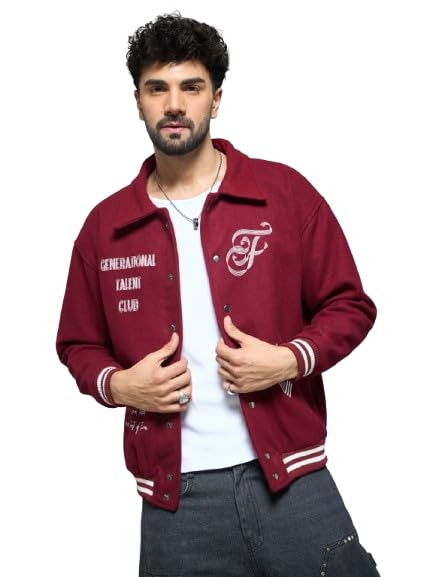 fugazee Maroon Generational Talent Varsity Jacket for Men | All-Over Woolen Fabric | Relaxed Fit Spread Collar | Snap Button Closure | Ribbed Collar & Cuffs | Embroidered Details-picture-53